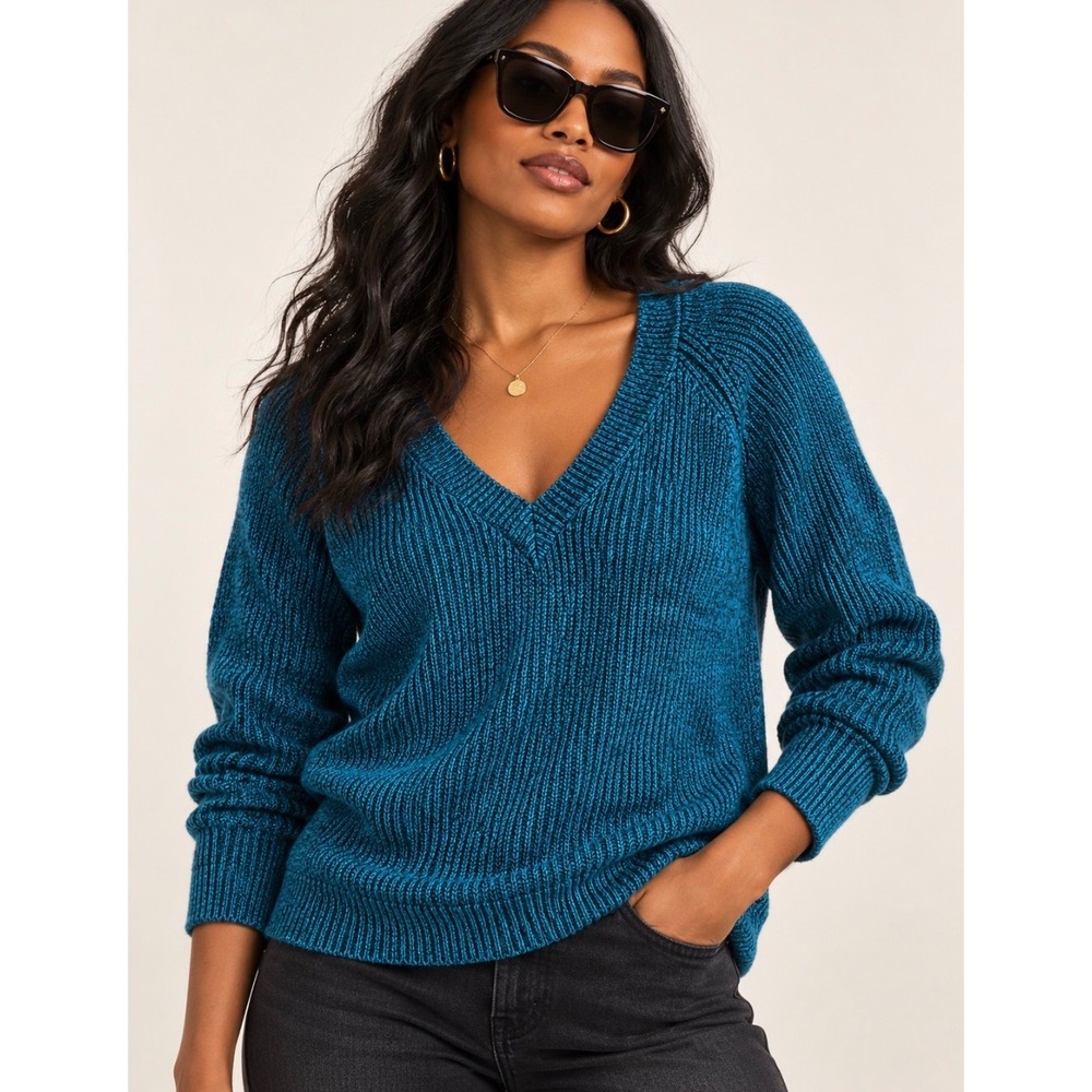 BCBGMAXAZRIA Teal Marled Ribbed V-Neck Knit Sweater Mens Medium